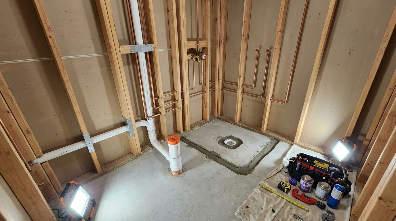 Bathroom rough-in plumbing during remodel by Johns Plumbing LLC in Blue Island