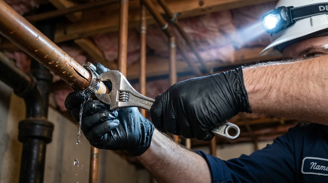 Emergency pipe clamp repair being performed by a Johns Plumbing LLC plumber in Blue Island