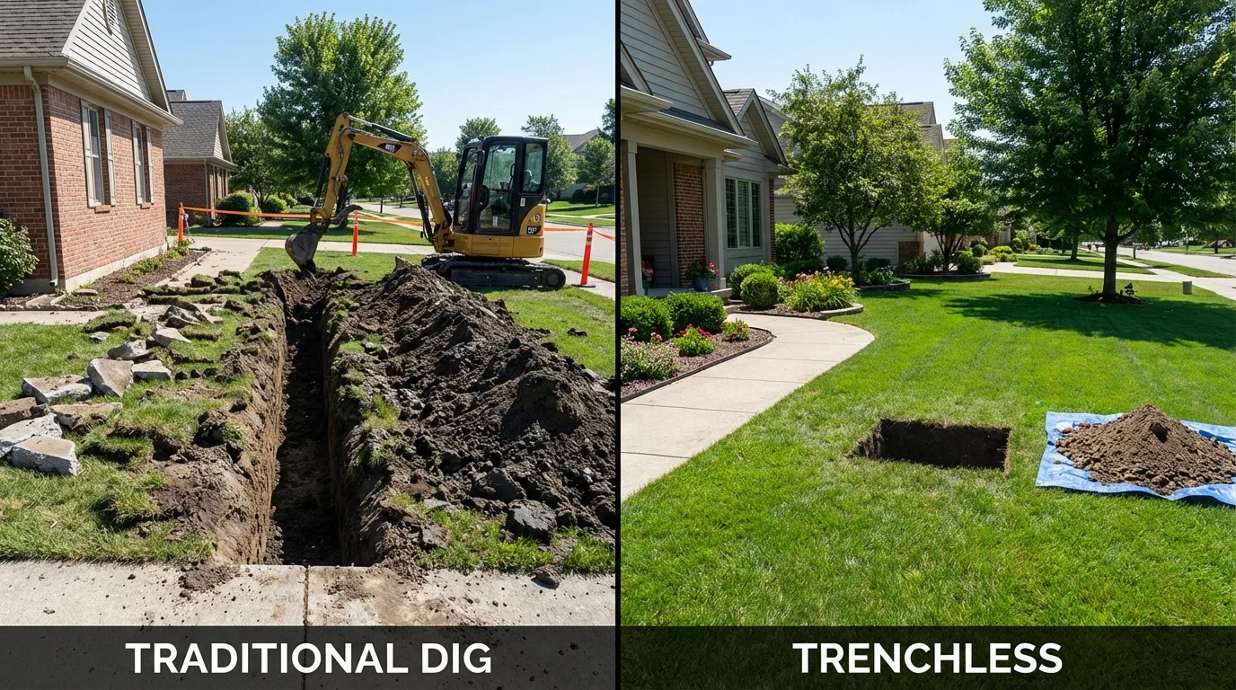 Trenchless sewer repair with minimal yard damage versus traditional excavation in Blue Island, IL