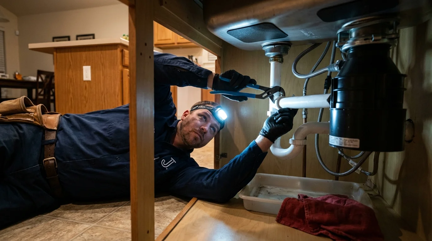 P-trap and supply line connections under a kitchen sink showing a common leak point in Blue Island, IL